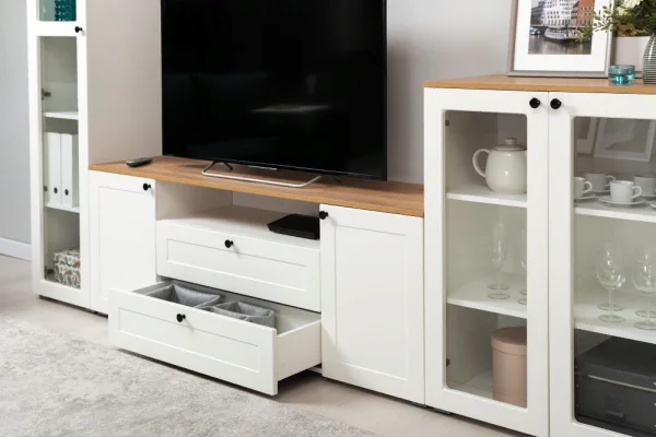 Тумба под ТВ Остин 16.47 белый шагрень/дуб крафт золотой