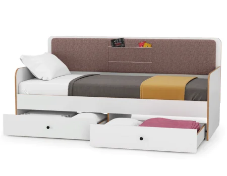 Кровать Вуди 11.02 с ящиками белый премиум/дуб крафт золотой/саванна латте