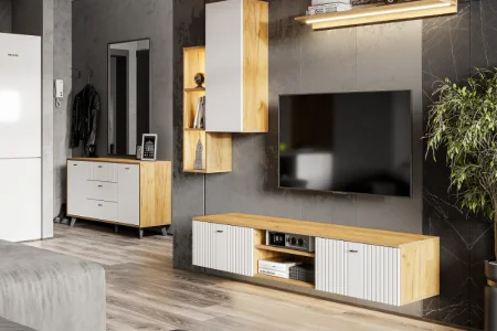 Тумба телевидеоаппаратура со створками и нишей Милан дуб золотой/белый матовый