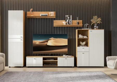 Тумба телевидеоаппаратура со створками и нишей Милан дуб золотой/белый матовый