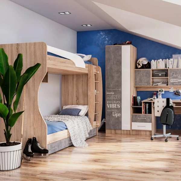 Кровать двойная Колибри Лофт дуб сонома/ателье светлое/акрил белый