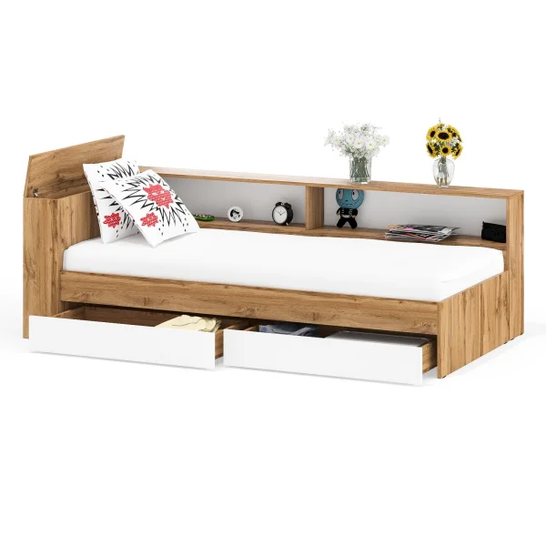 Кровать с ящиками 900 с прикроватным блоком Ксения дуб вотан/белый