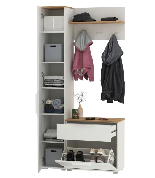 Модульная прихожая Октава с пеналом белый шагрень/дуб крафт золотой