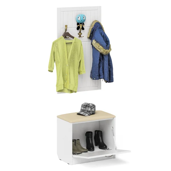 Обувница с мягким сиденьем и вешалкой П-6 белое дерево фрезеровка прованс