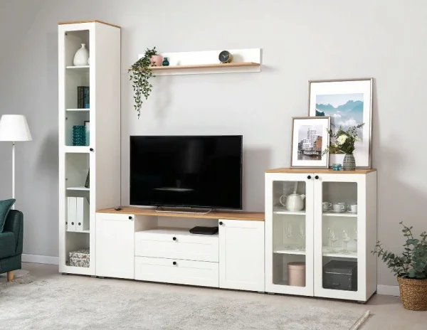 Шкаф-витрина (пенал) Остин 16.394.03 белый шагрень/дуб крафт золотой