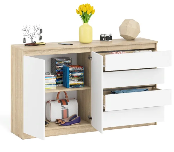 Комод широкий четыре ящика и две дверки МК 1600.1 дуб сонома/белый