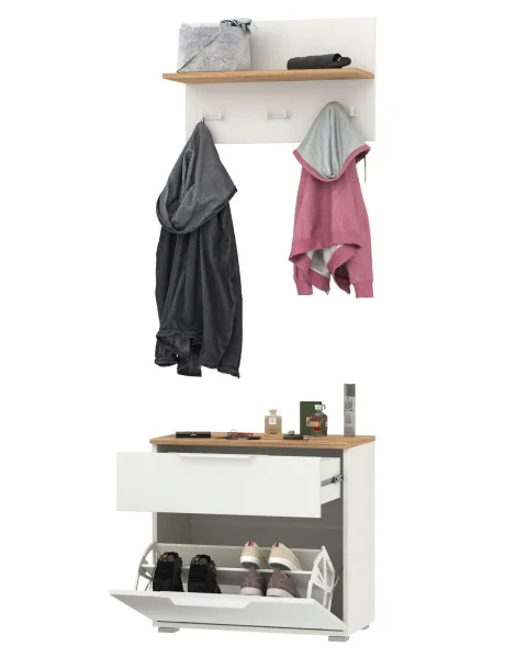 Комплект Октава 16.127 Тумба для обуви + 15.14.01 Вешалка белый шагрень/дуб крафт золотой