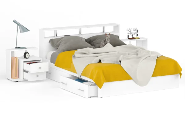 Спальня Камелия, кровать с ящиками 1600 + две тумбы, белый