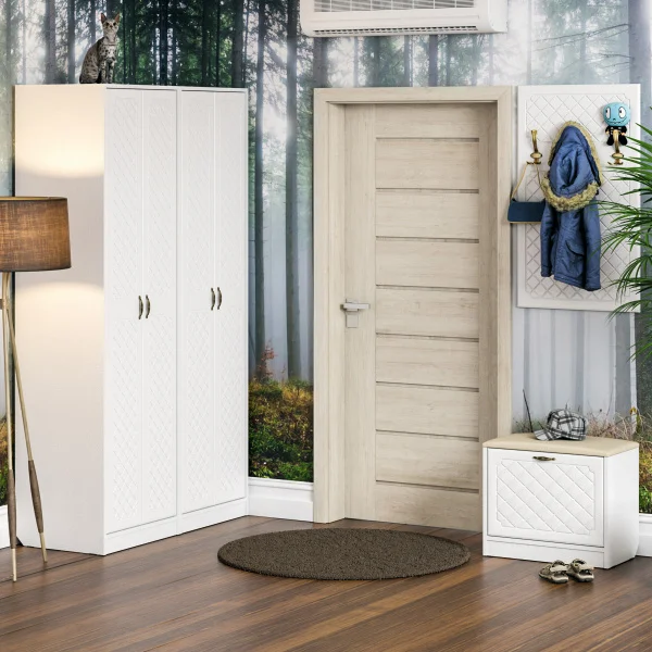 Обувница с мягким сиденьем и вешалкой П-6 белое дерево фрезеровка ромб