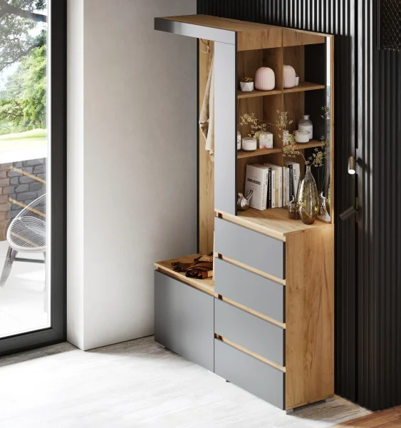 Прихожая Хелен ПР-01 (Хельга) серый графит/дуб крафт золото