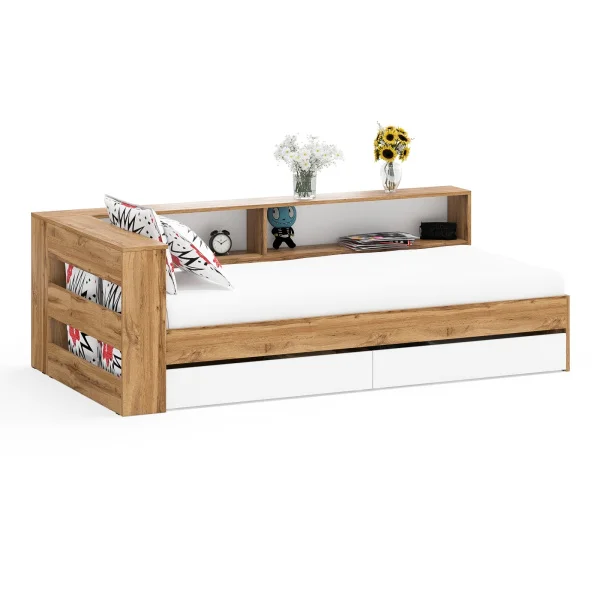 Кровать с ящиками 900 с прикроватным блоком Ксения дуб вотан/белый