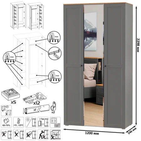Шкаф для одежды Остин 13.336.03 серый графит/дуб крафт золотой