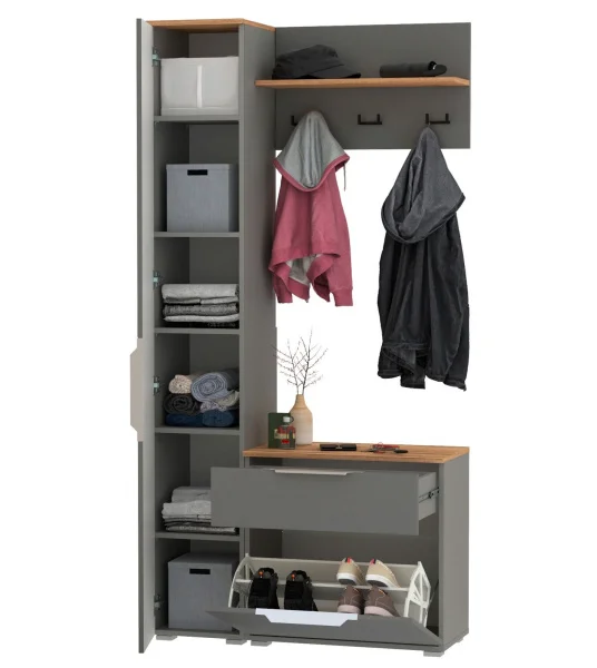 Модульная прихожая Октава с пеналом серый графит/дуб крафт золотой