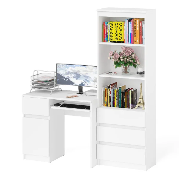 Комплект мебели для учебы Мори, стол компьютерный МС-1 левый + Стеллаж МСТ 600.3 белый