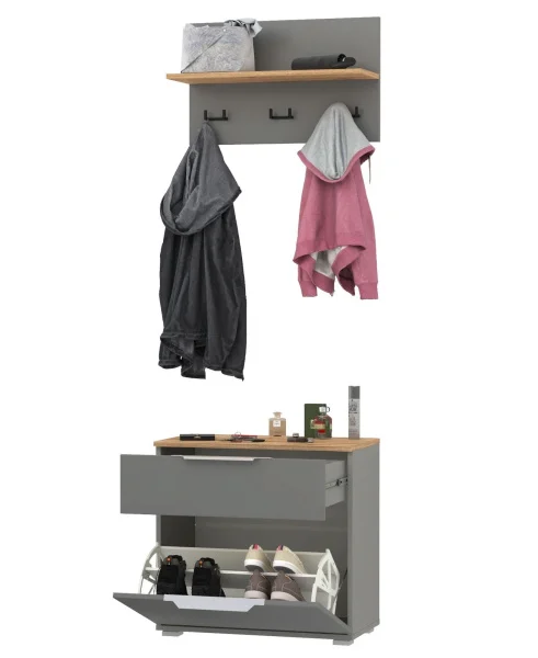 Октава 16.127 Тумба для обуви + 15.14.01 Вешалка серый графит/дуб крафт золотой
