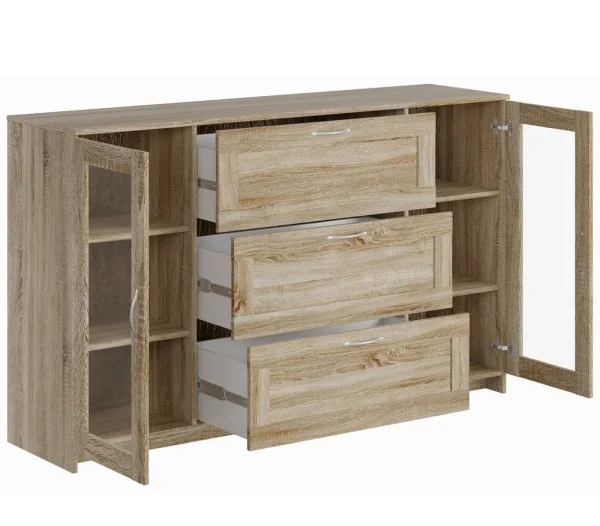 Тумба Сириус 2 двери со стеклом и 3 ящика дуб сонома (156х95)