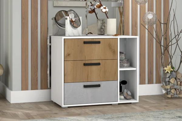 Комод Юпитер белый текстурный/дуб крафт золотой/бетонный камень